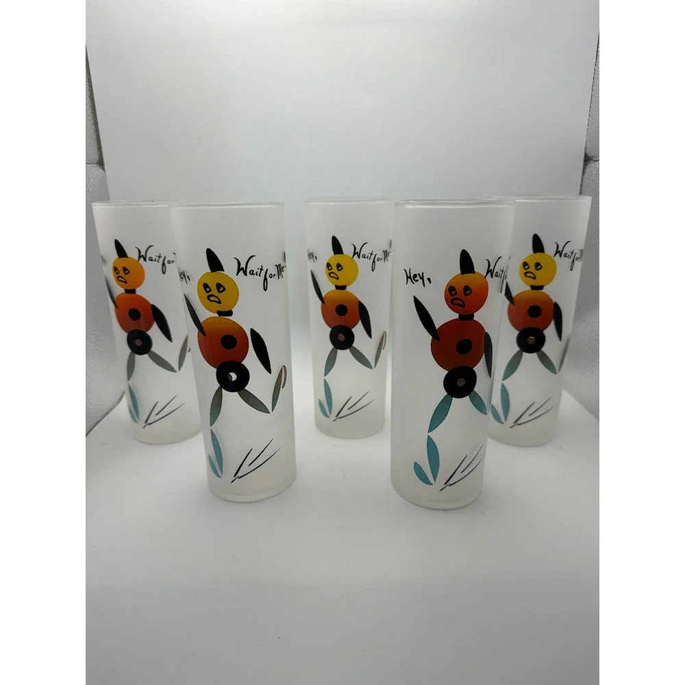 Vintage Frosted Glass Tumblers Hey Wait for Me Mid Century Modern Set of 5